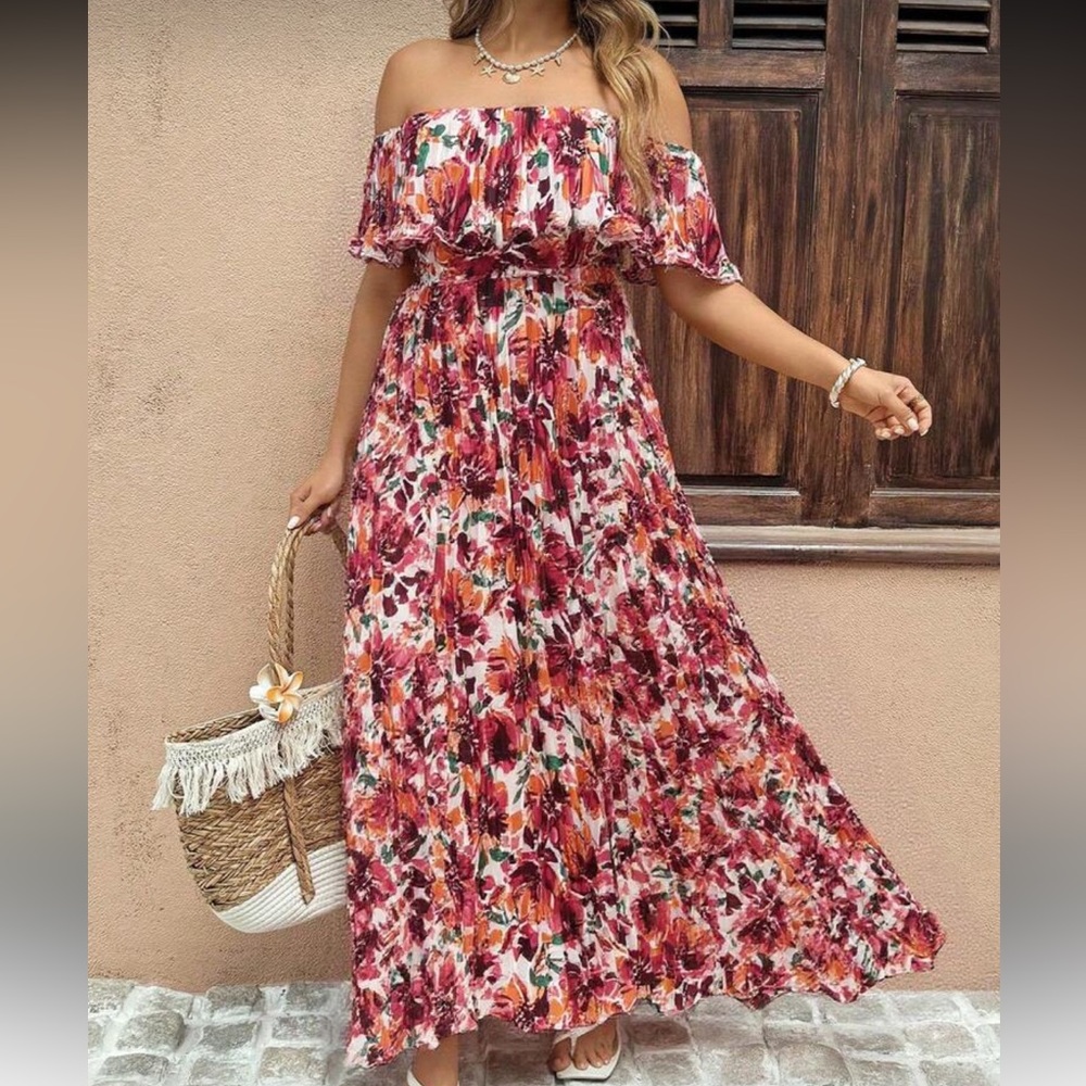 Plus Size Boho Chiffon Pleated Floral Print Off-Shoulder Swing Maxi Maxi Dress